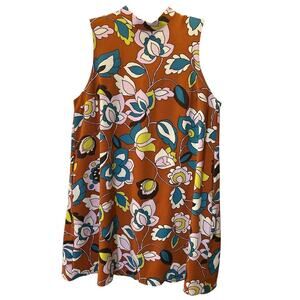 Modcloth Sleeveless Floral Shift Dress Sz XL Brown Turquoise Party Travel Retro